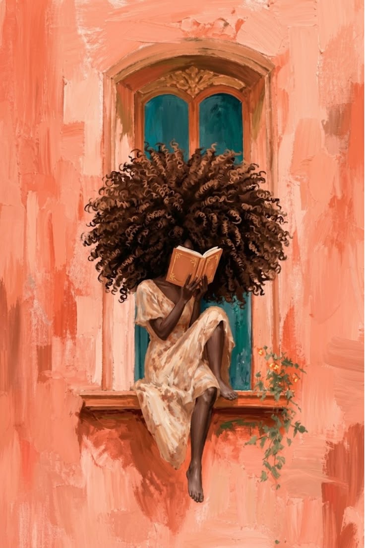 Illustration d’une lectrice assise dans une fenêtre sur un mur corail.