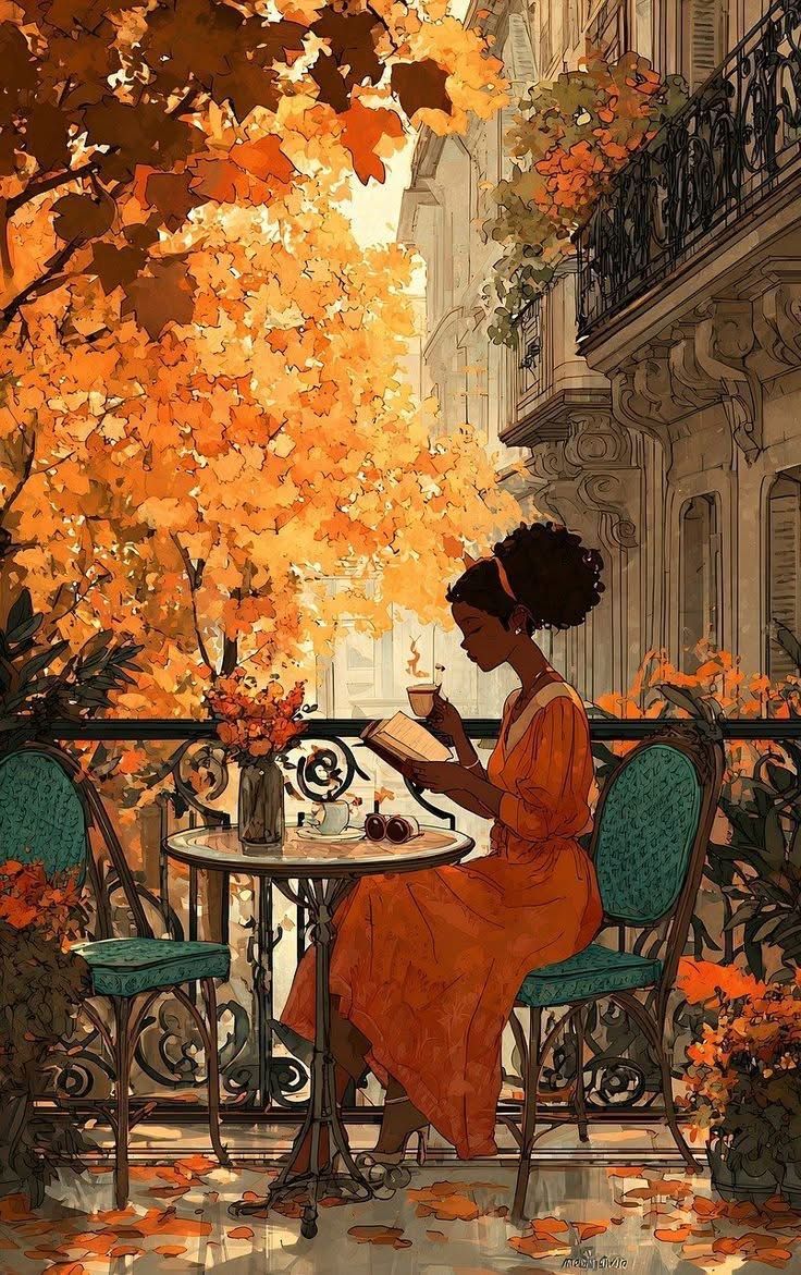 Illustration d’une lectrice à une table près d’un balcon aux feuillages d’automne.