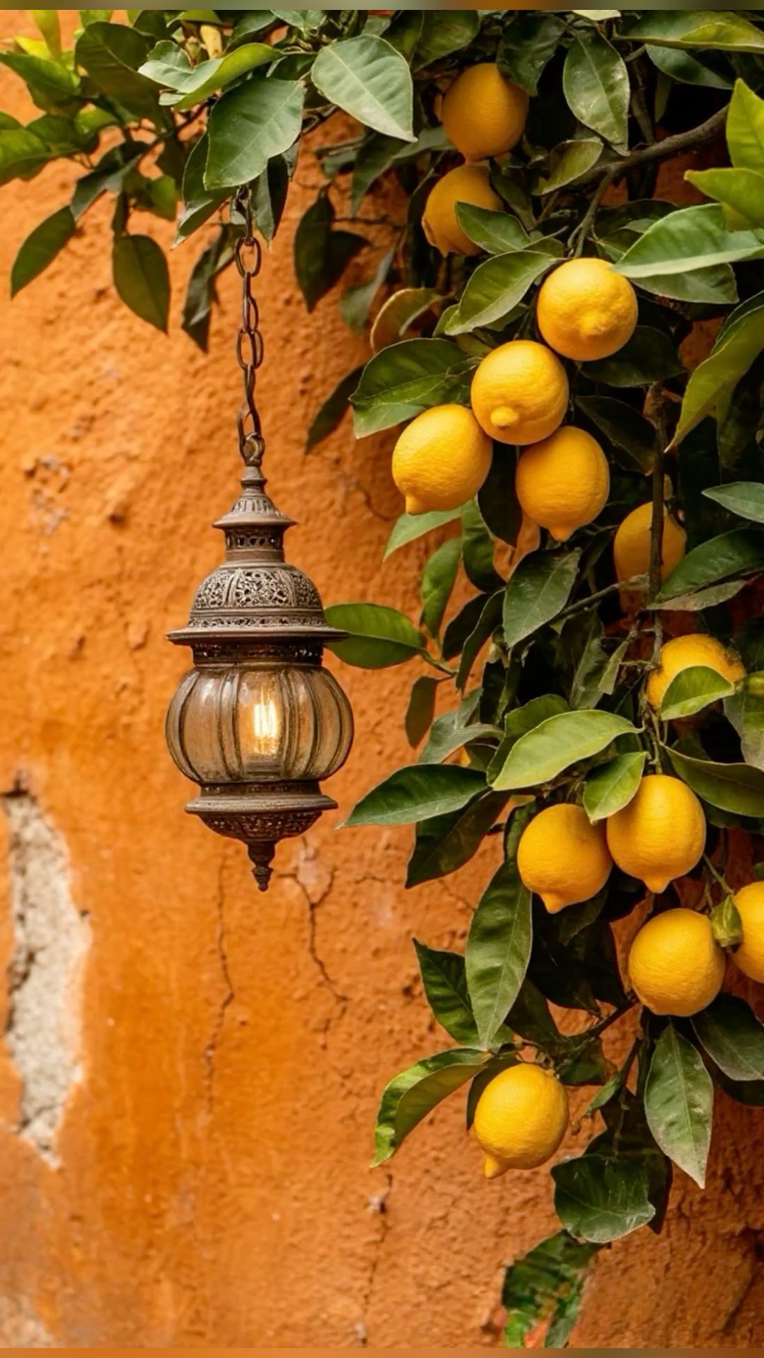 Citrons, feuillage et lanterne contre un mur ocre.