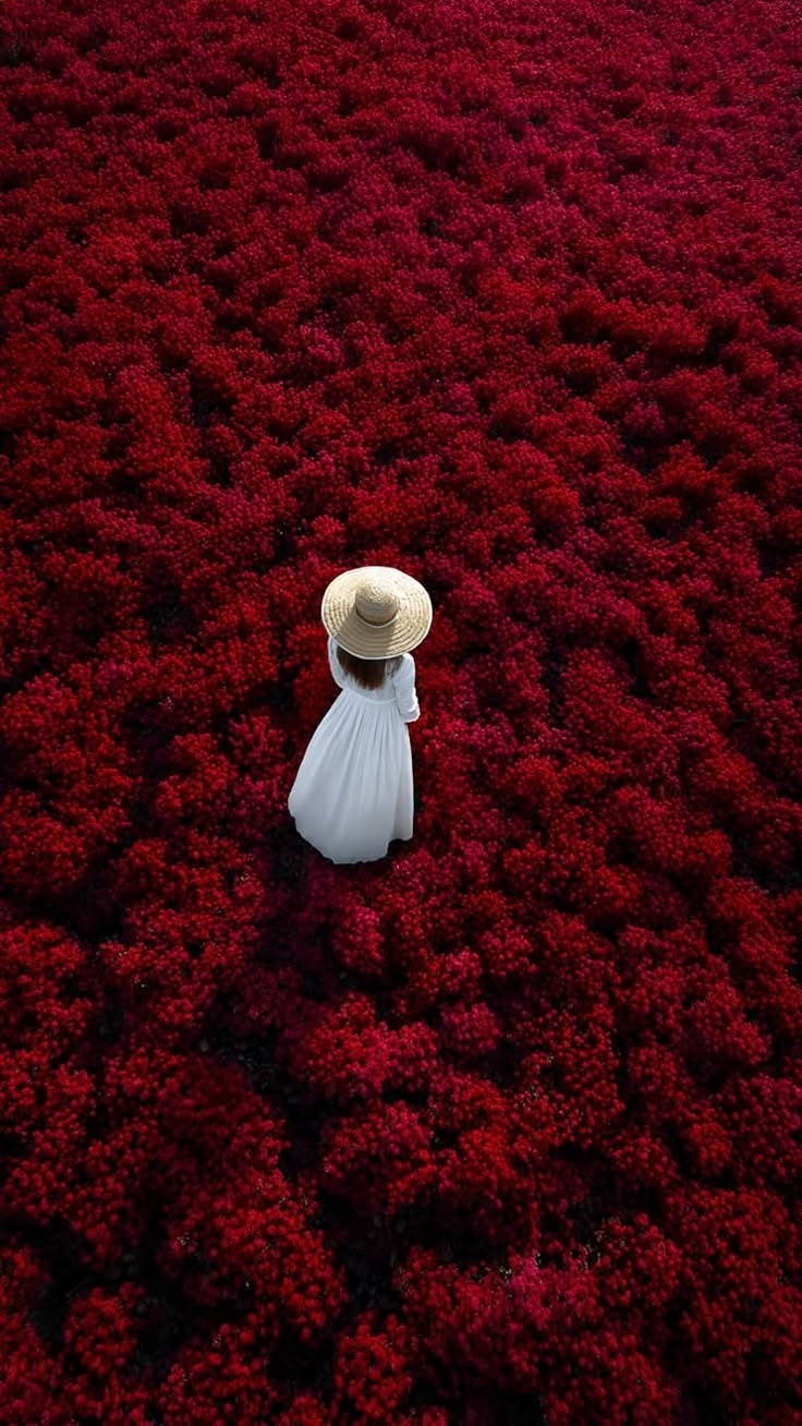 Une silhouette vêtue de blanc au milieu d’un champ de fleurs rouges.
