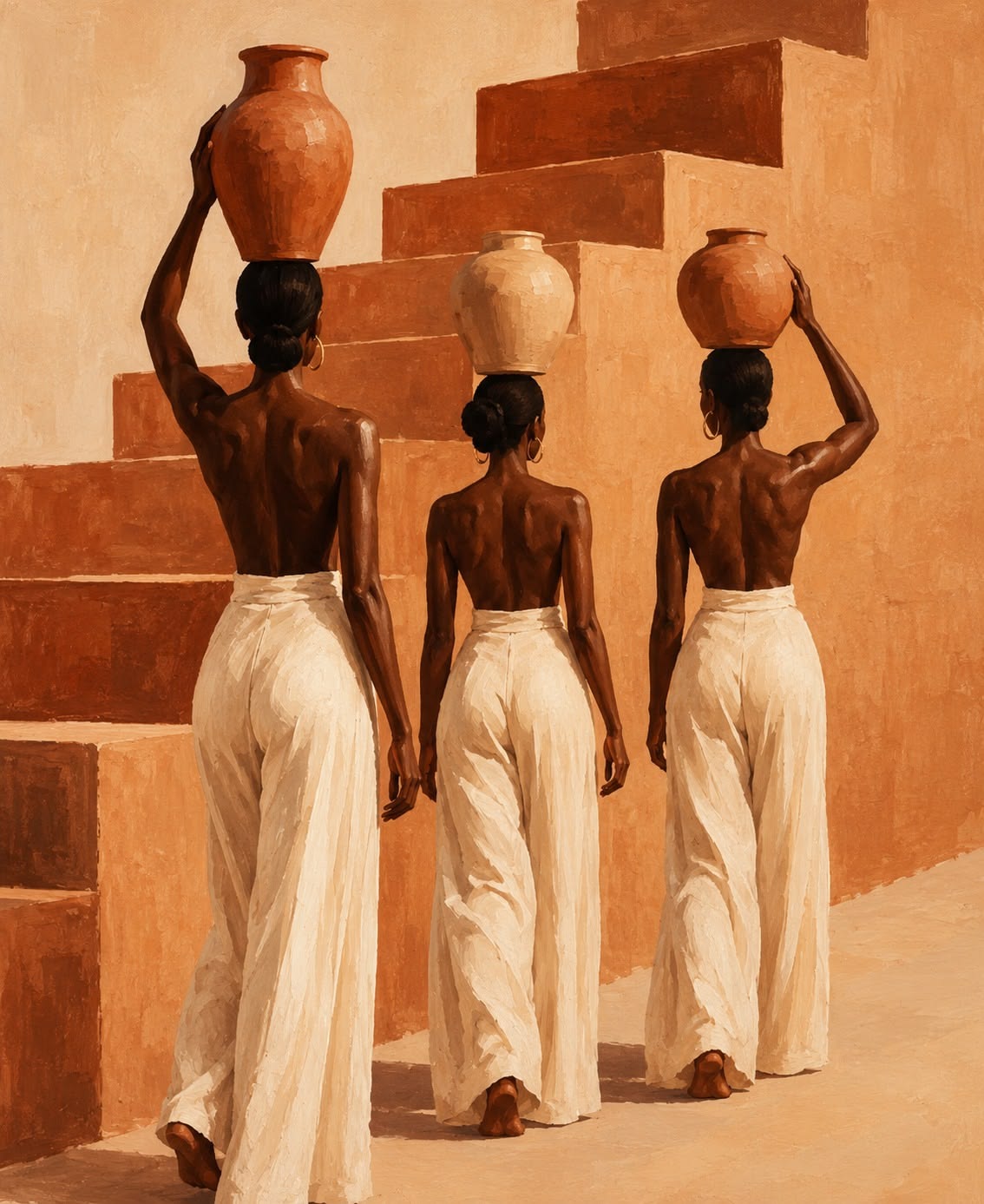 Composition de trois personnes portant des jarres devant des marches terracotta.