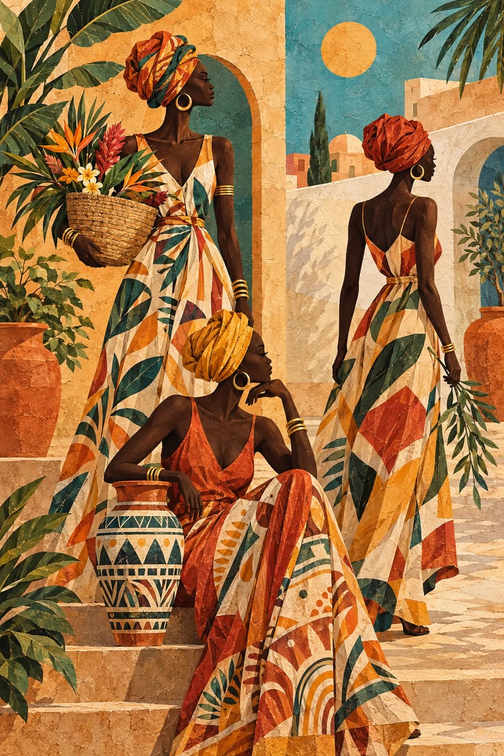 Illustration de personnages aux vêtements colorés dans un décor végétal.
