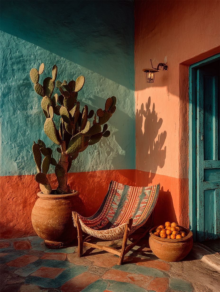 Un patio aux murs ocre et bleu vert, avec cactus et fauteuil tressé.