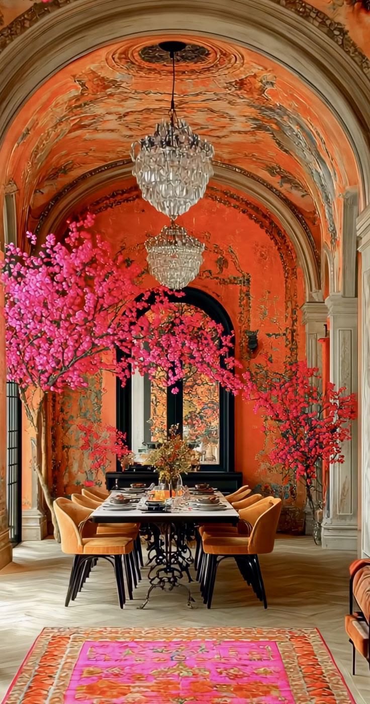 Un salon aux arches peintes, aux fleurs roses et aux tons orangés.